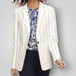 Talbots Petite 10P Ivory Blue Stripe Linen Cotton Blazer Coastal Grandma New